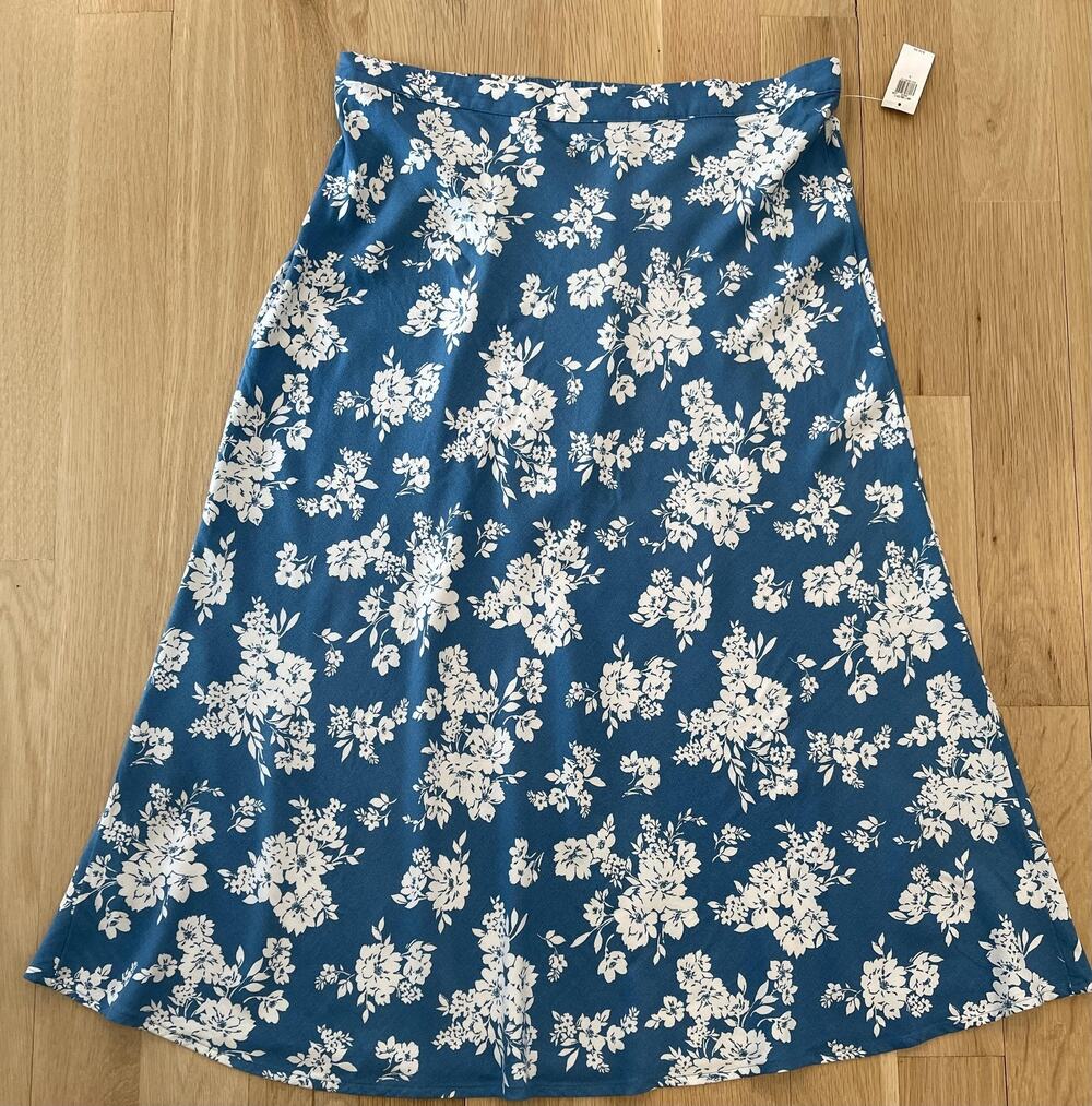 NWT Old Navy Skirt Womens L Blue Floral A-Line Midi Rayon Zipper Elastic Waist
